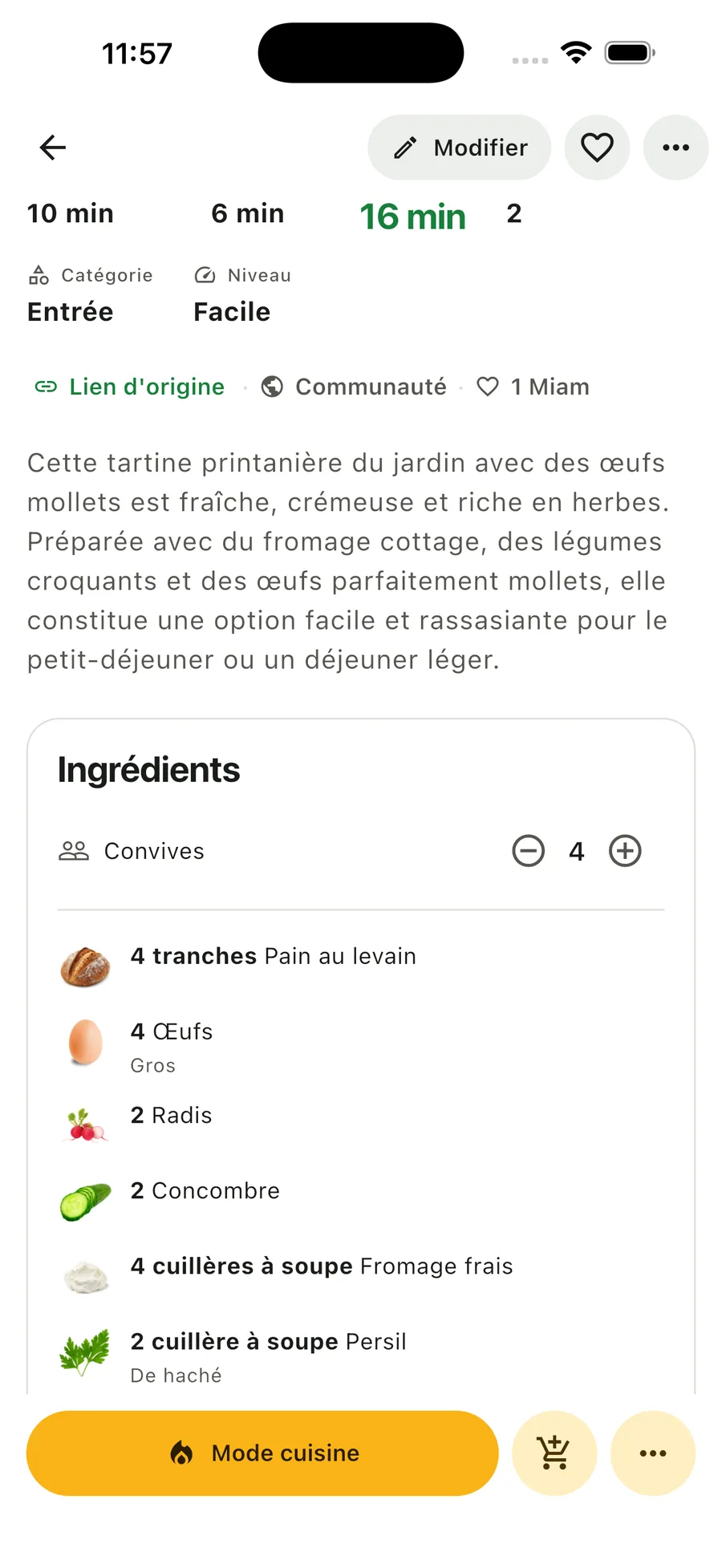 Le sélecteur de convives de Pomeli recalculant les quantités